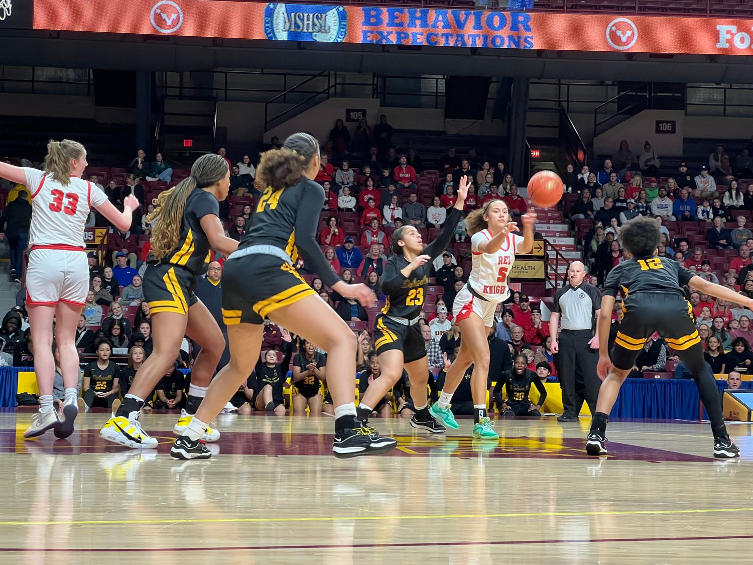 Benilde-St. Margaret's Zahara Bishop looks to pass during the Class 3A championship game against DeLaSalle at the Minnesota state girls basketball tournament on Saturday, March 16, 2024, at Williams Arena in Minneapolis